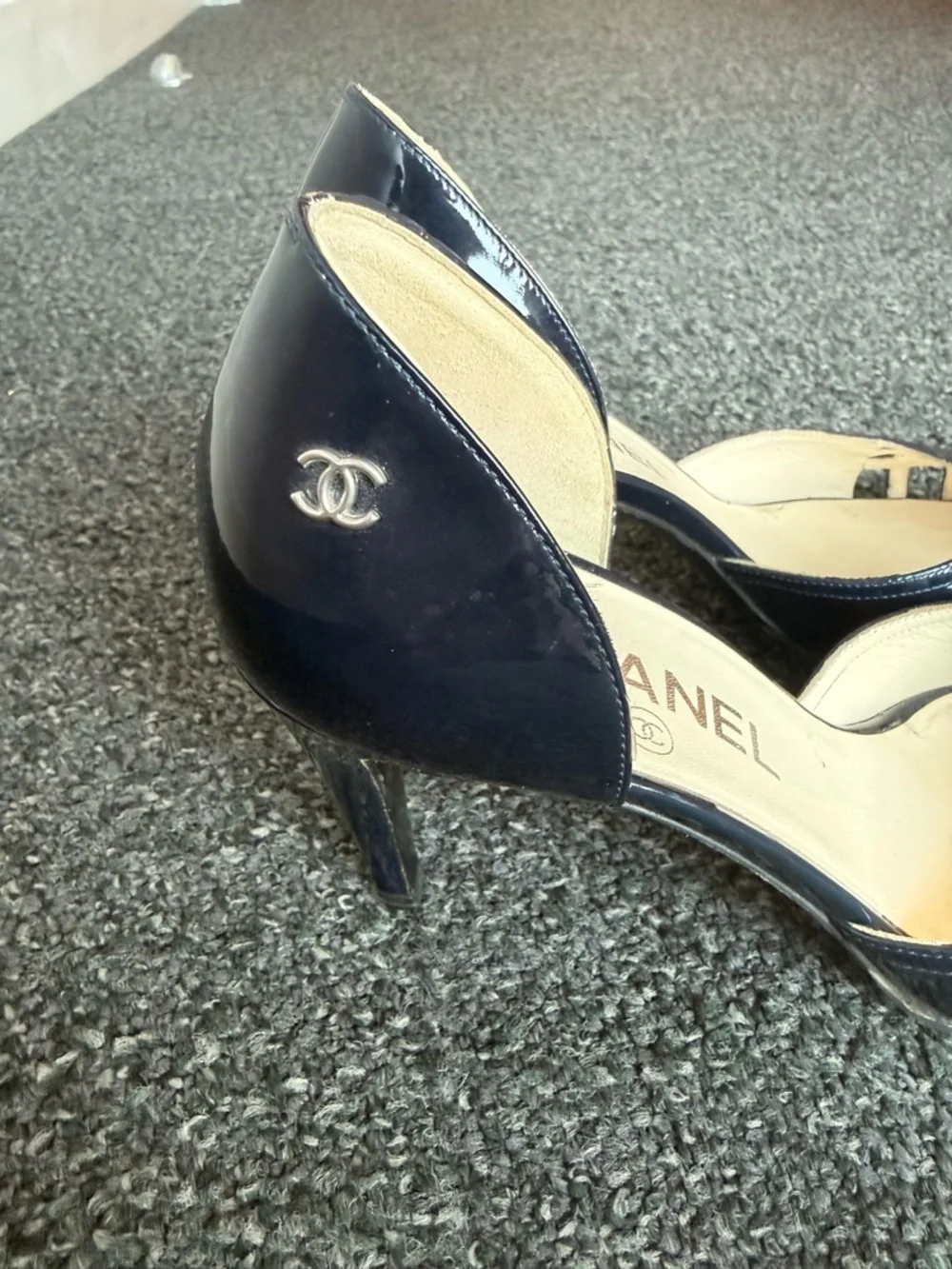 CHANEL Navy Patent Leather Strappy D'Orsay Heels